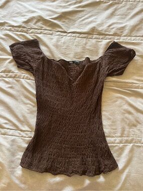 Zara Chocolate Brown Short Sleeve Textured Top